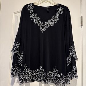 Alfani Woman 1X Black Top White Embroidery Flared Swing Lined Tiered Sleeves